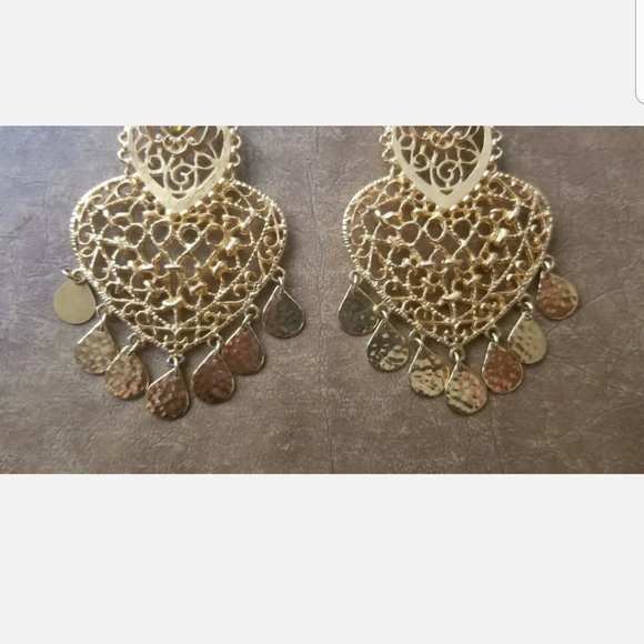 VINTAGE DESIGNER JOSE MARIA BARRERA HAMMERED GOLD DANGLE DROP CHANDELIER EARRING - Picture 5 of 8